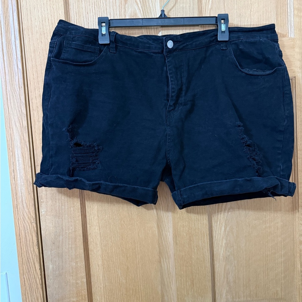 Black Distressed Denim Shorts | High Rise | Rolled Hem | Size 24